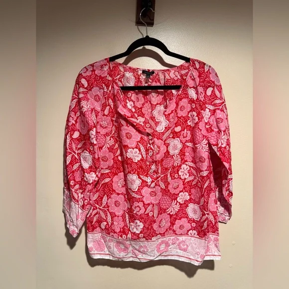 Talbots Floral Pineapple Paradise Button Front Popover Blouse - Picture 4 of 12